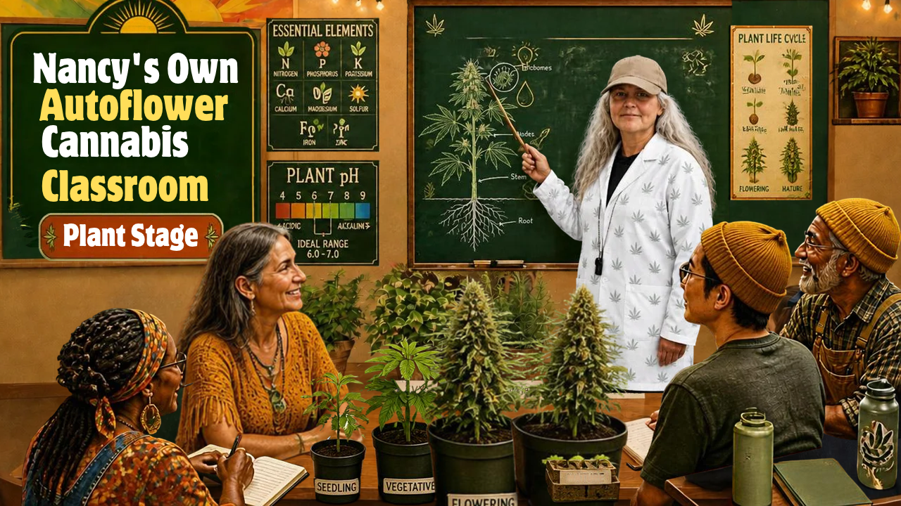 Nancy teaching students in an illustrated Nancy’s Own autoflower classroom