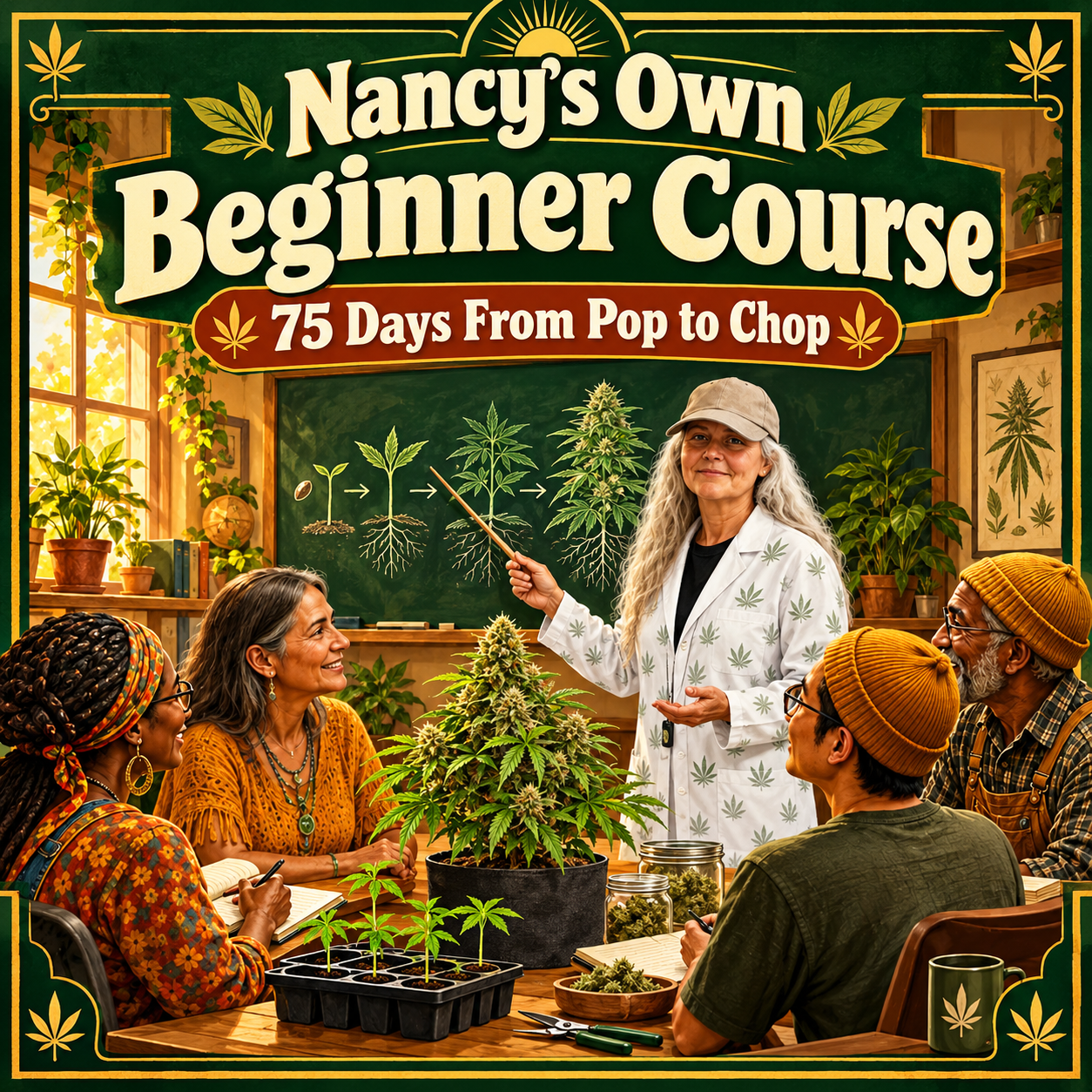 Nancy teaching the beginner course in a warm classroom with plants at different stages