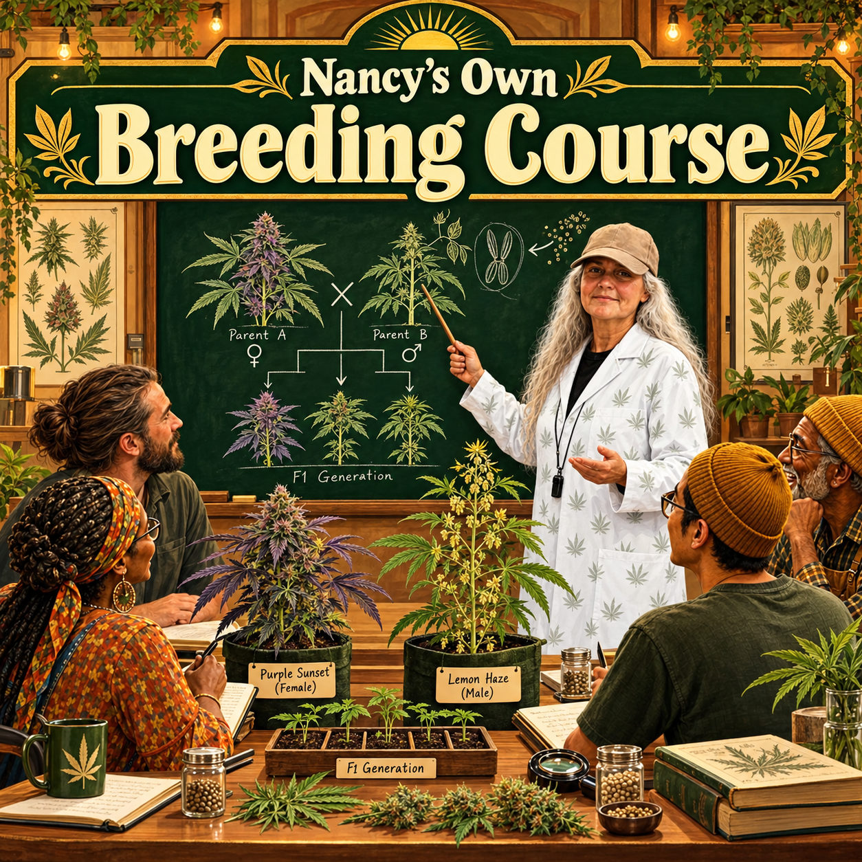 Nancy teaching plant breeding with parent plants and a family-tree chalkboard