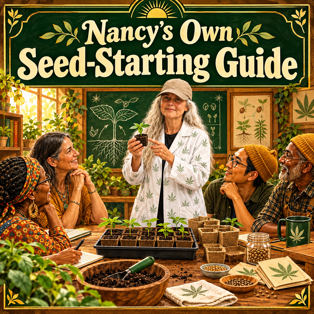 Nancy teaching seed starting in a classroom with seedlings and peat starter cubes